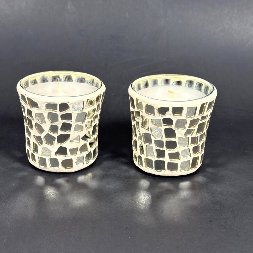 VTG Mosaic Glass Votive White Candle Holder 2pc Set White Iridescent MCM Boho